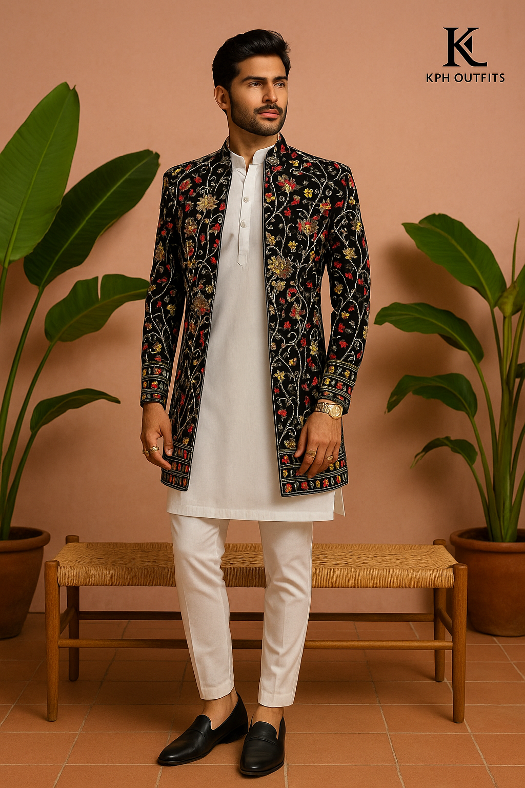 Men's Black Multi Colour Embroidery Designer Indo-Western Set - KPH Outfits