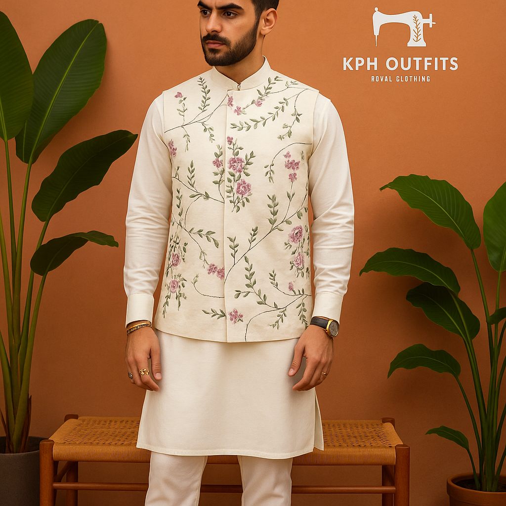 Men's Exclusive Ivory Multi-Colour Embellished Long Jacket - KPH Outfits