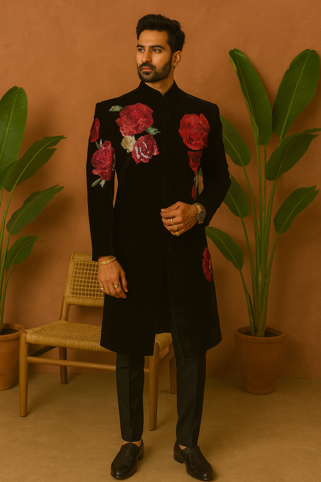 A man wearing a black Indo-Western set with red and green floral sequin embroidery, inspired by Karan Johar's style.
