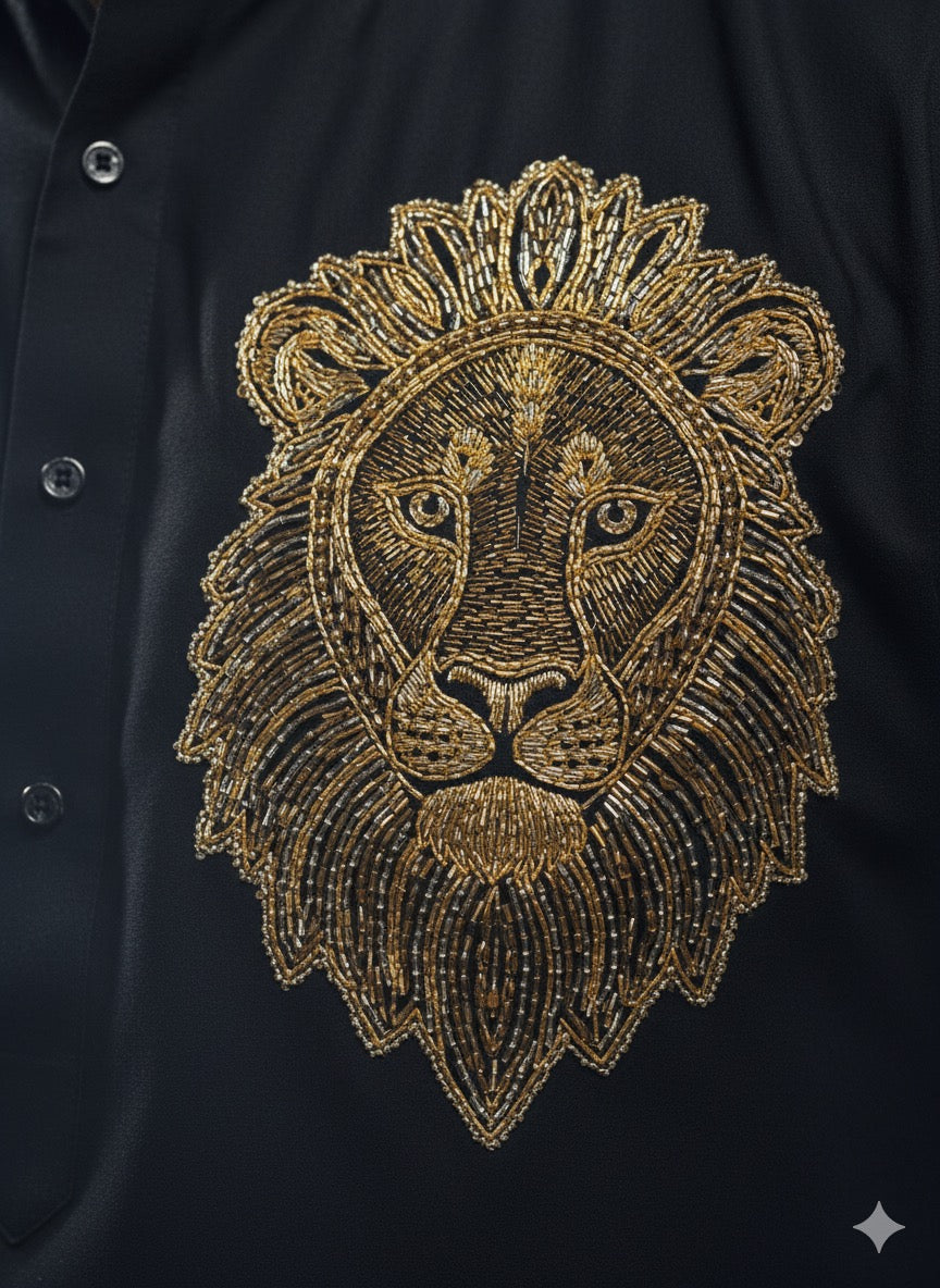 Black Embroidered Kurta Set with Golden Lion Motif - kph Outfits