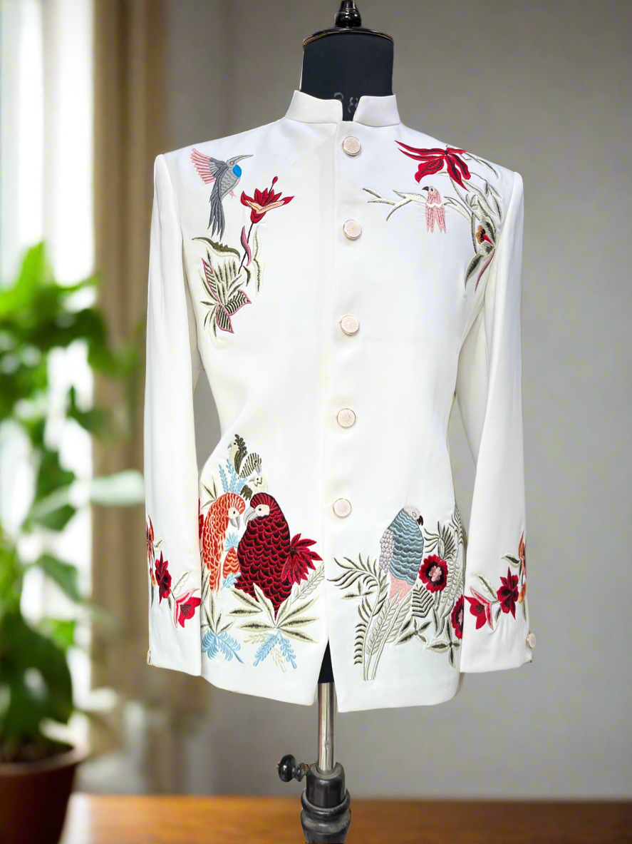 Timeless Embroidery Thread Men's Ivory Multi-Colour Thread Embroidery Bandhgala Suit - Timeless E ...