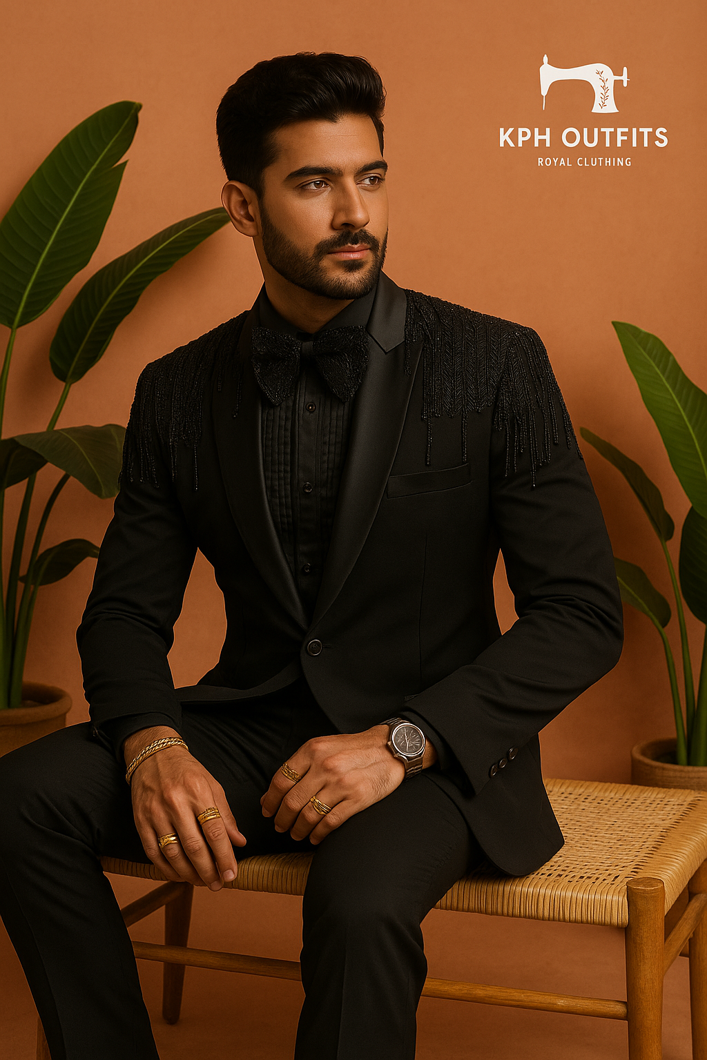 A photograph of a man in a stylish tuxedo, emphasizing the quality of the Japanese fabric and the overall craftsmanship.

