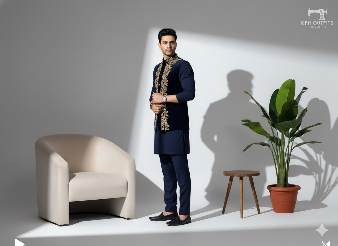 Handcrafted micro velvet sleeveless jacket and kurta set for men