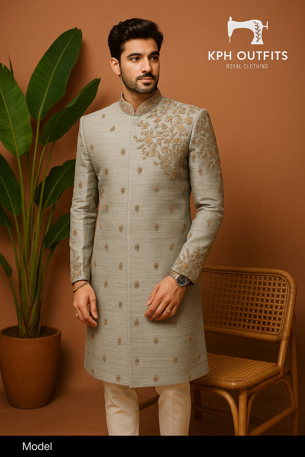 Men's Gray Handcrafted Silk Sherwani Set – Elegant 2-Piece Outfit for Grooms – KPH Outfits