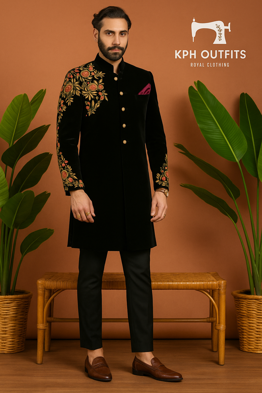 Men's Black Machine-Crafted Embellished Sherwani Set – Elegance Redefined by KPH Outfits