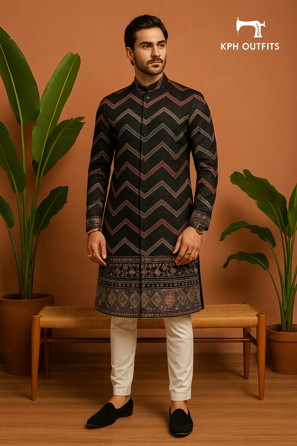 Men's Black Zigzag Pattern Style Kurta Set - KPH Outfits