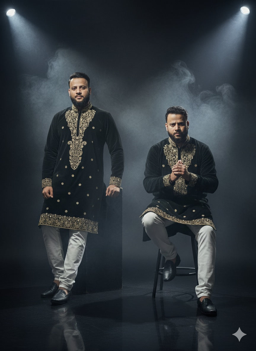 Black velvet kurta with heavy gold Zari thread work for men's formal wear