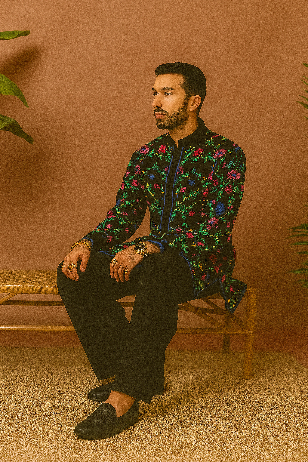 Black Multi Colour flowers Embroidery Kurta Set