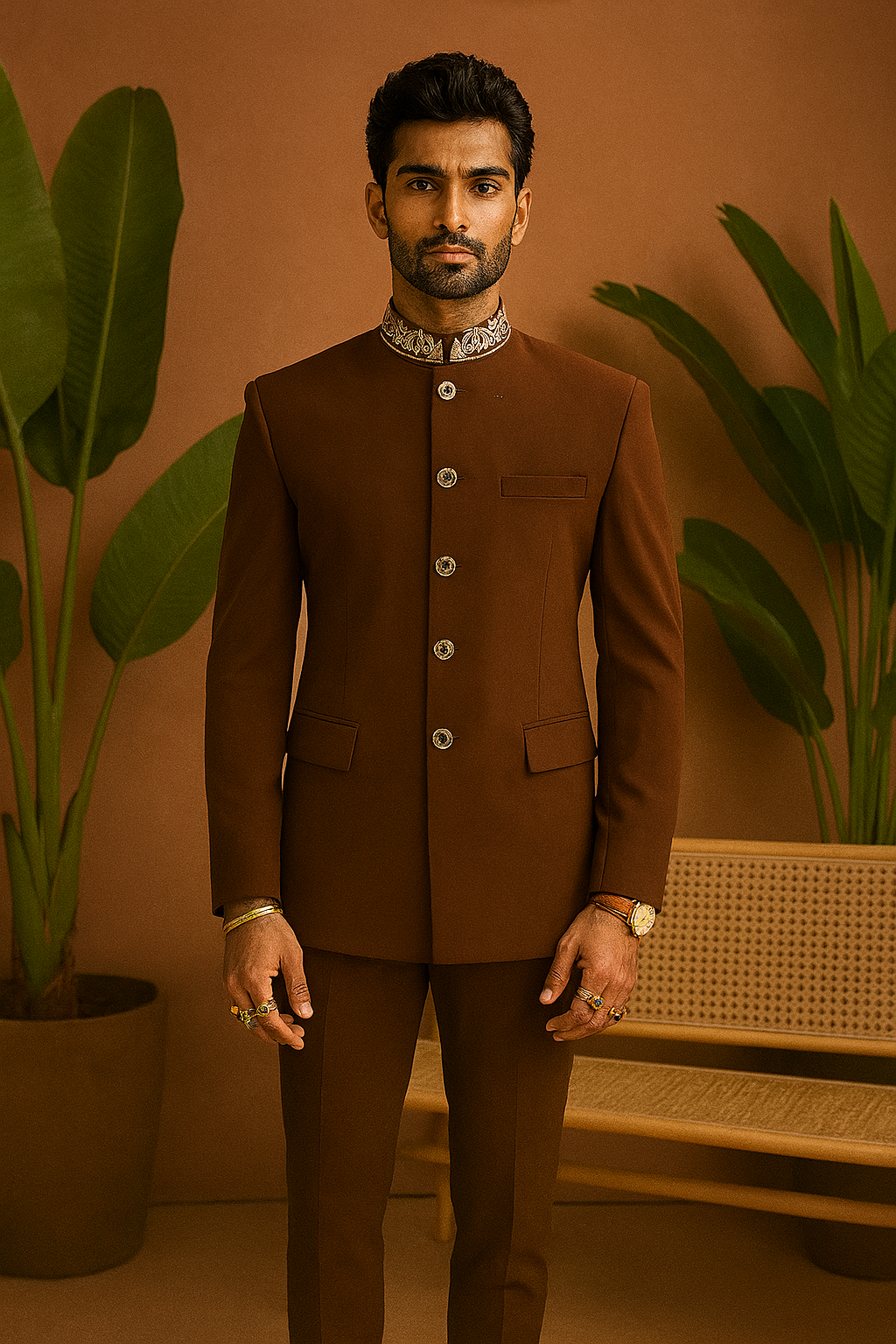 A photograph of a man in a stylish bandhgala suit, highlighting the quality of the fabric and the unique design.

