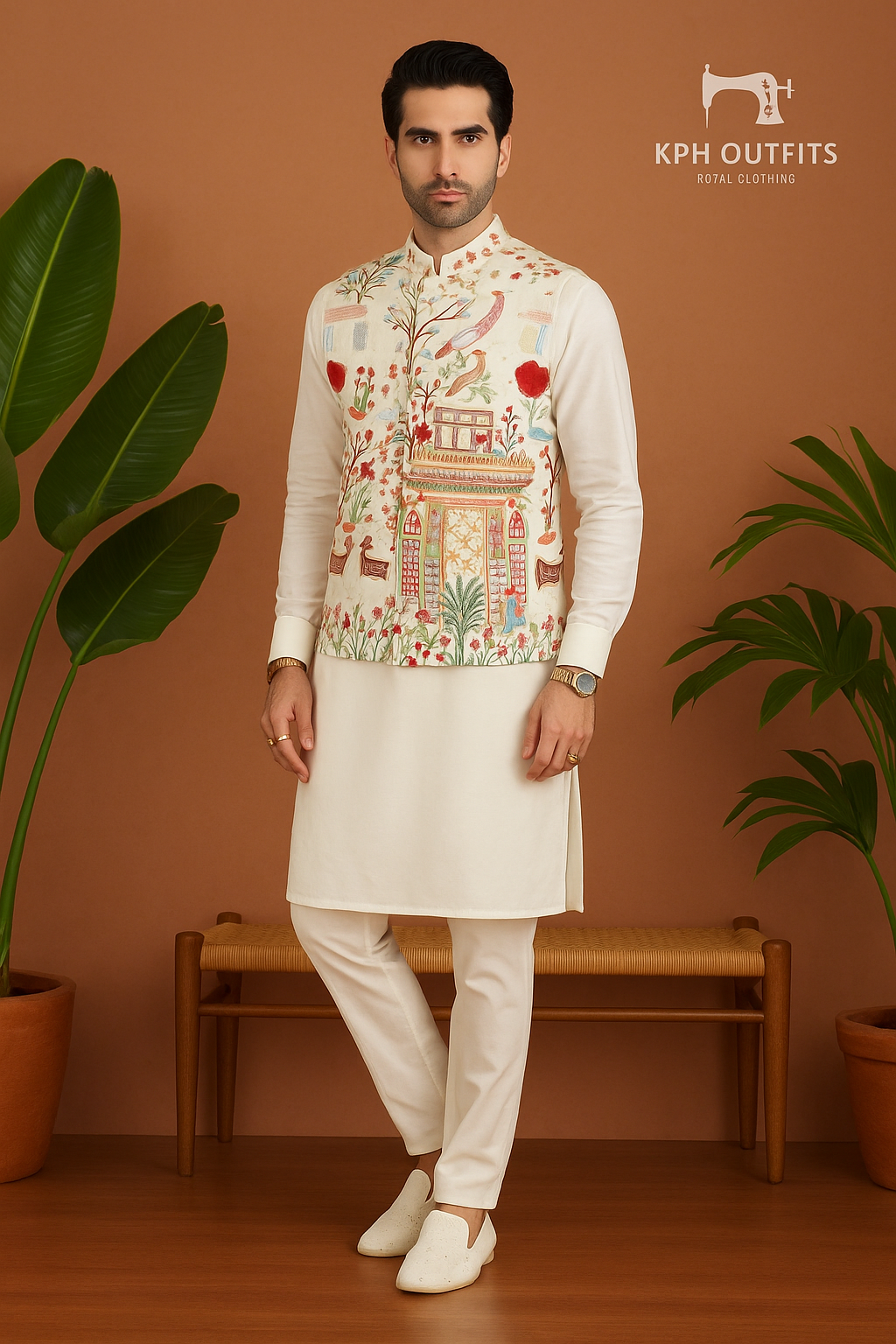 Men's Black and White Multi-Colour Thread Embroidery Nehru Jacket Set - KPH Outfits