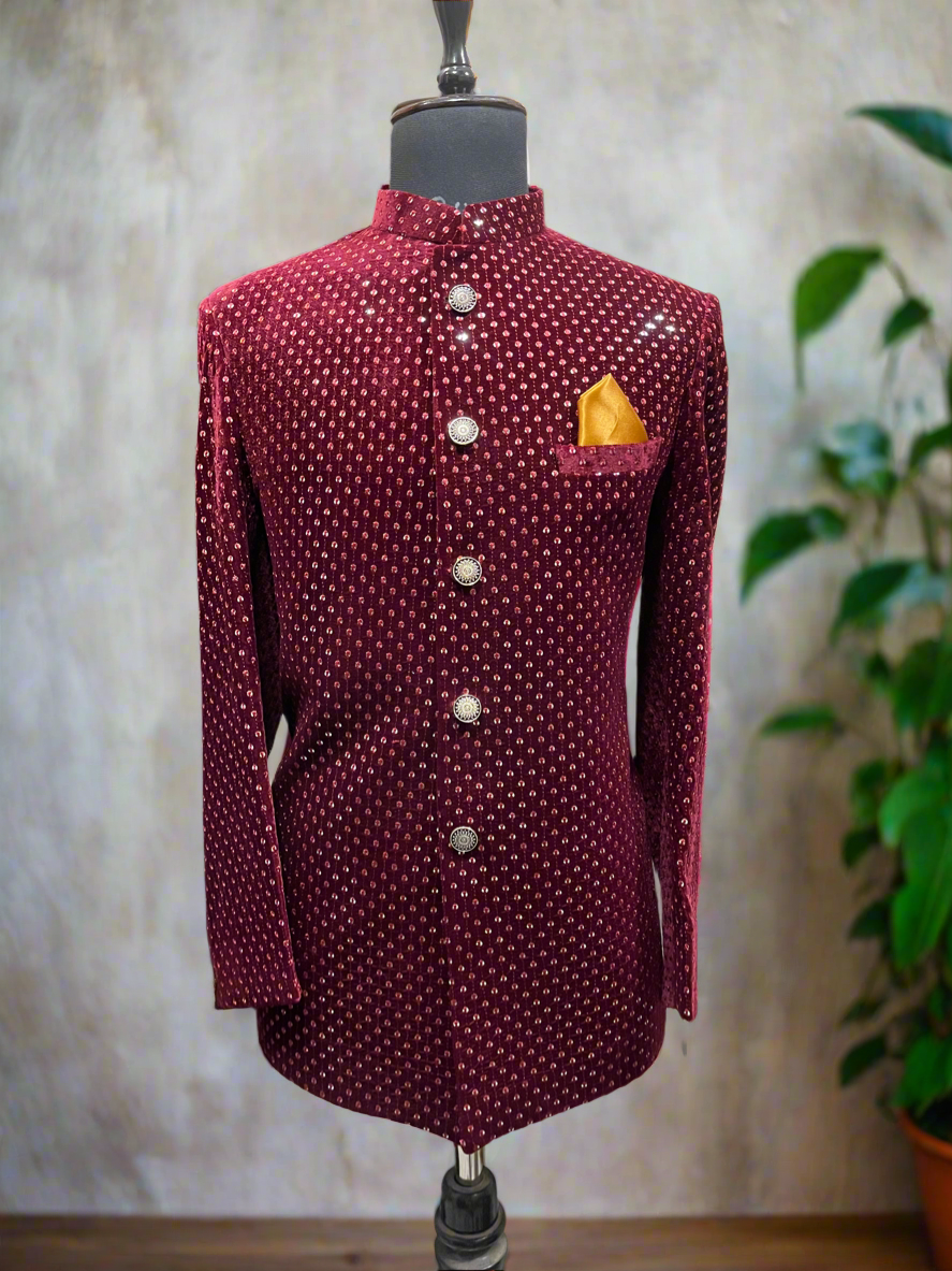 Men's Maroon Velvet Designer Jodhpuri Set – Elegant Wedding Attire by KPH Outfits