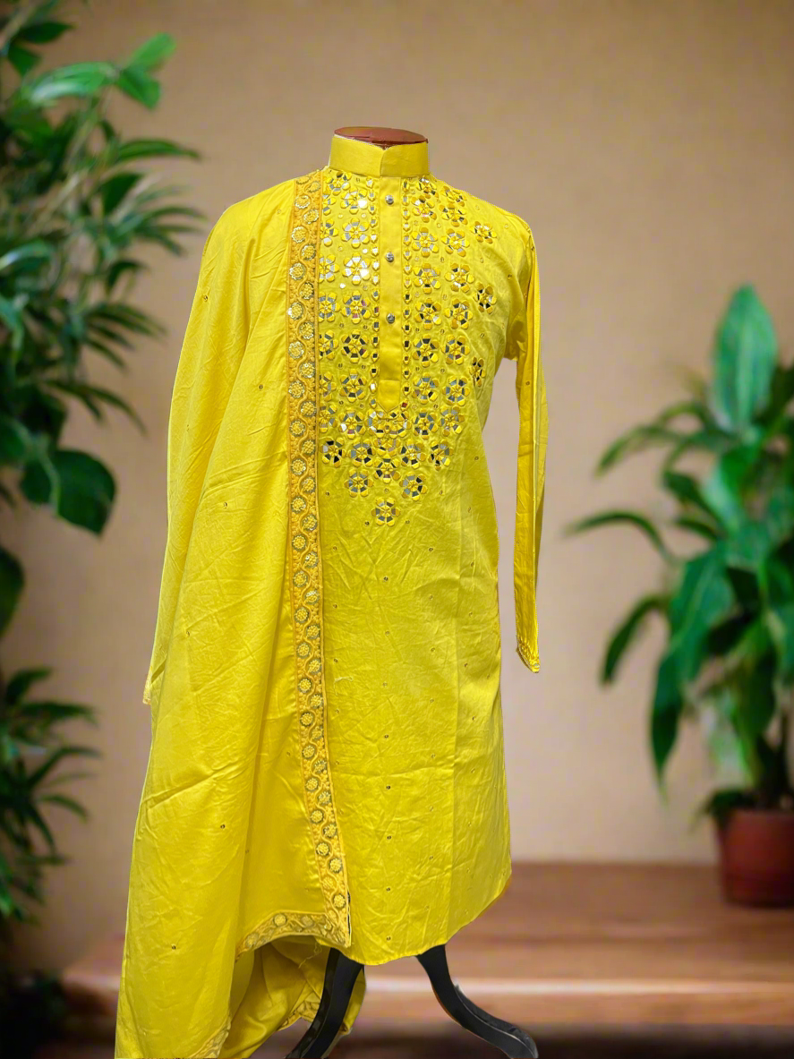 Close-up of Intricate Handcrafted Mirror Work on Yellow Men's Kurta