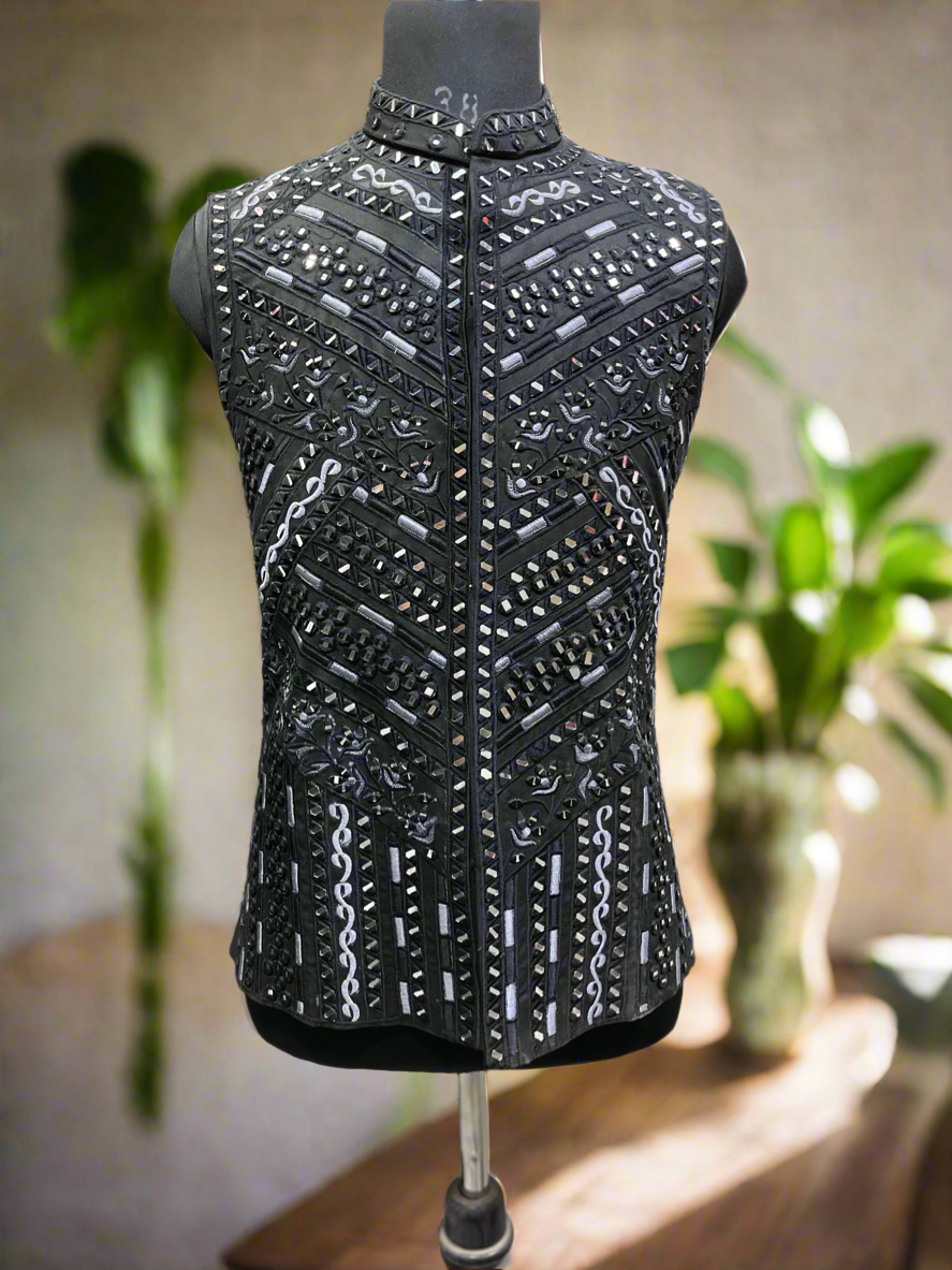 Men's Black Mirror-Embellished Waistcoat by Kph Outfits – Luxurious Ethnic Elegance