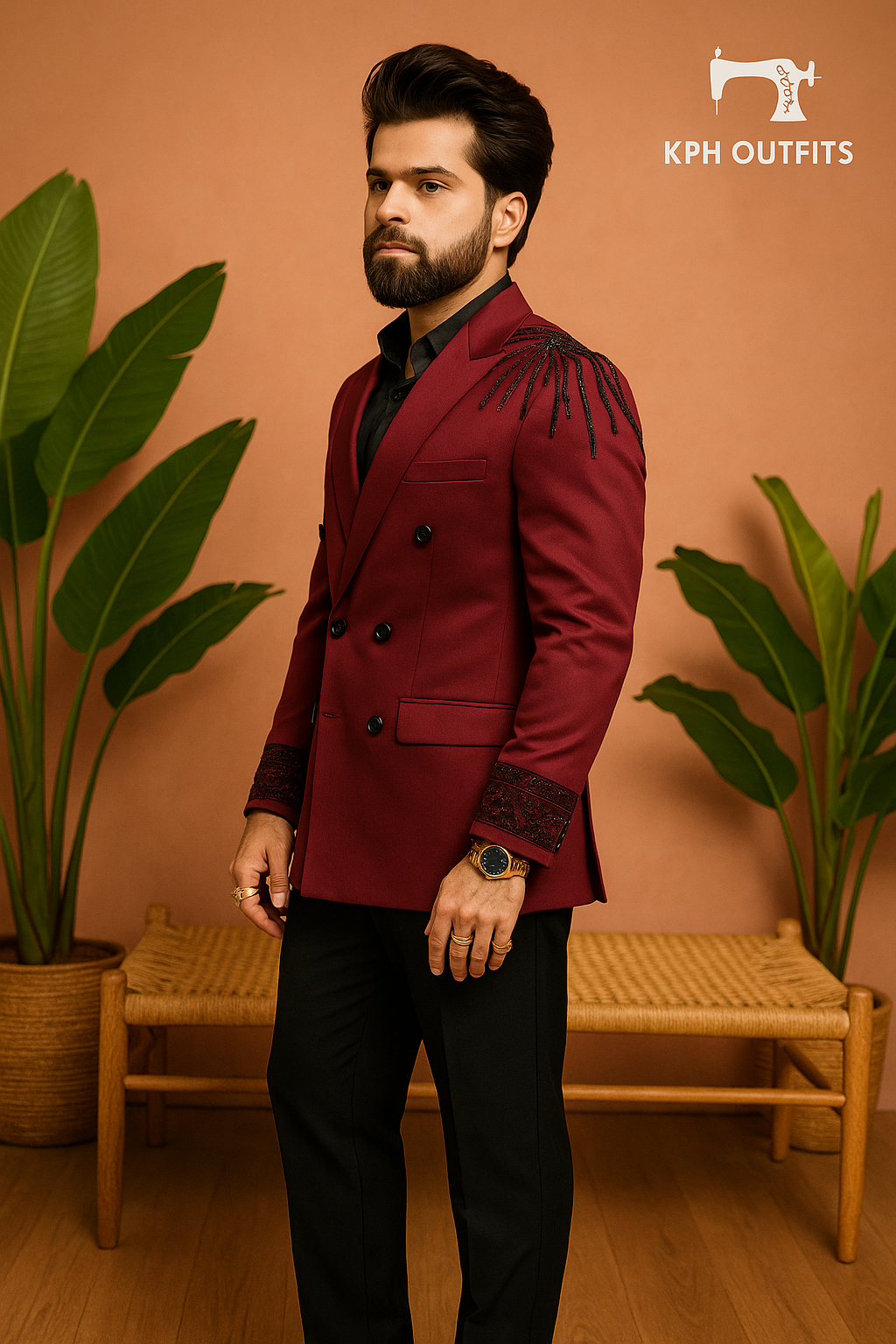 Maroon Handcrafted Double-Breast Tuxedo Suit for Men - KPH Outfits