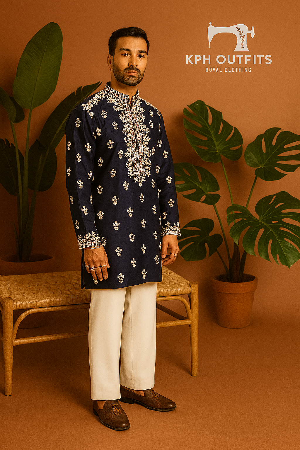 A photograph of a man in a stylish kurta set, highlighting the quality of the fabric and the unique design.


