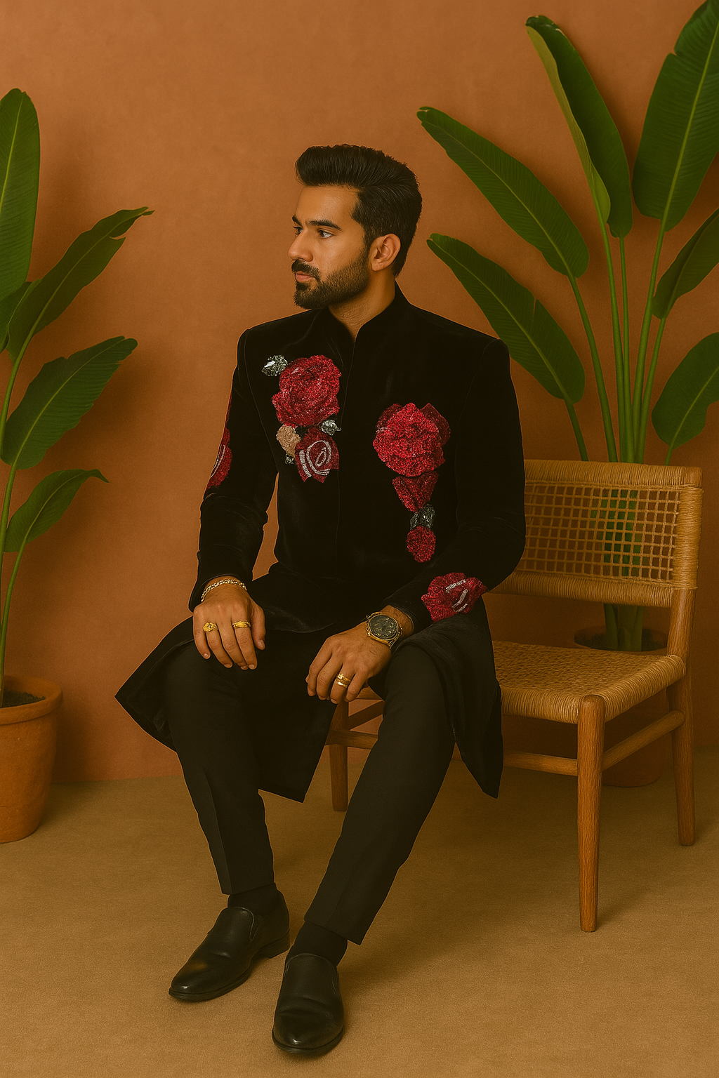 A close-up shot of the sequin embroidery on the black velvet jacket.