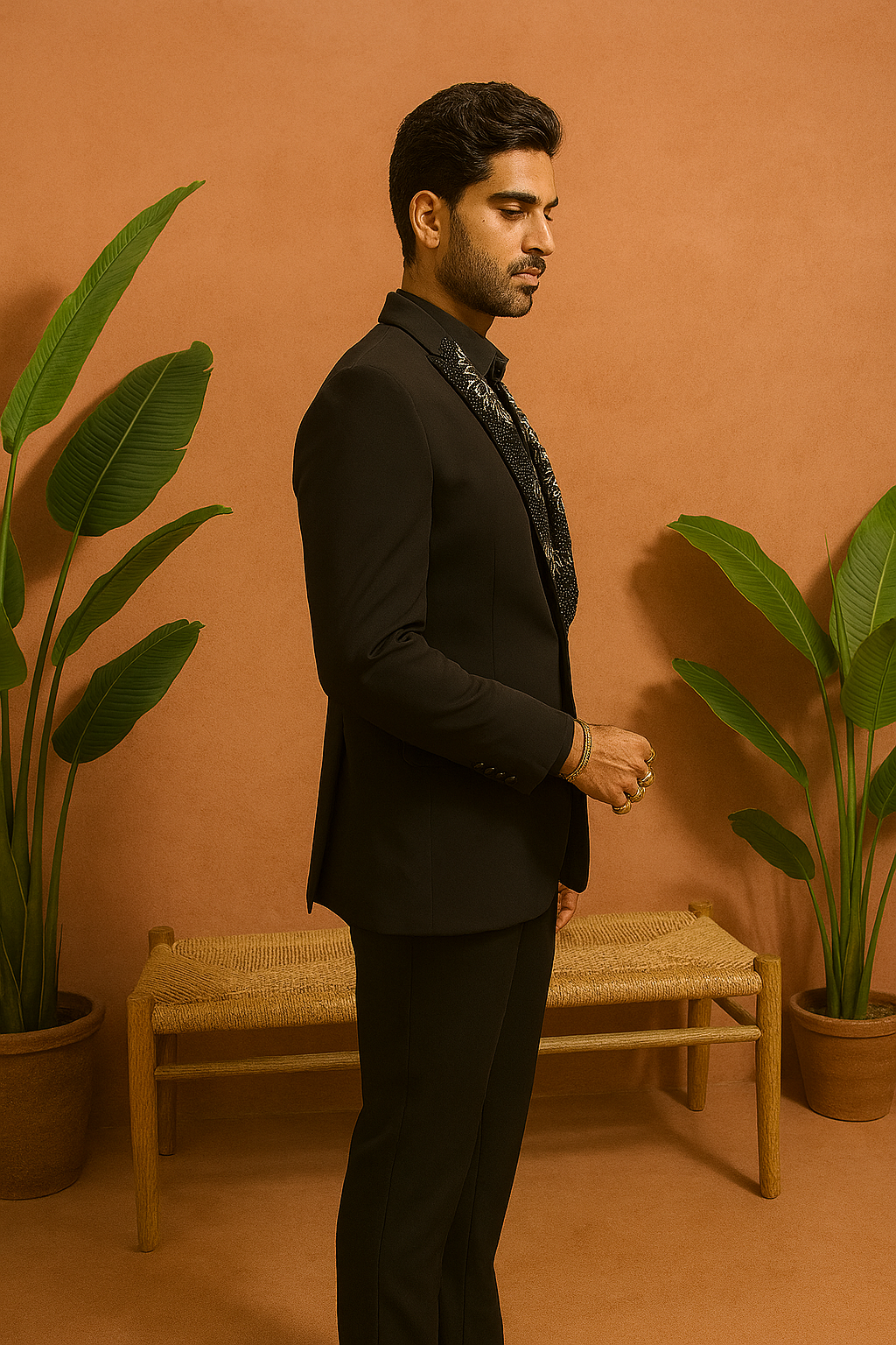 A different side angle of the man in the tuxedo, emphasizing the structured shoulder of the blazer.

