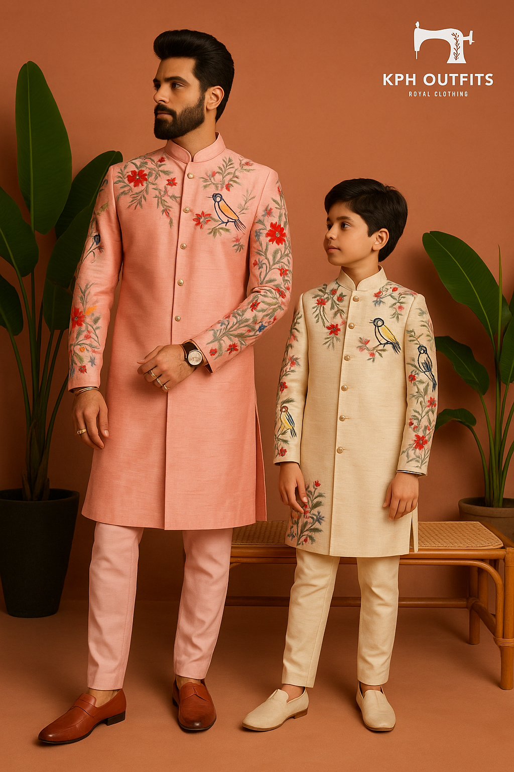 A father and son wearing a beautiful pink and cream multi-color embellished sherwani set