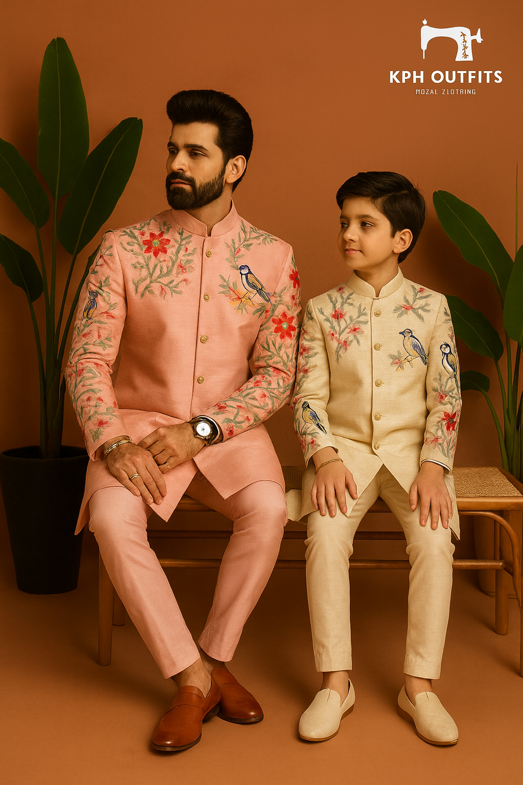A father and son wearing a beautiful pink and cream multi-color embellished sherwani set