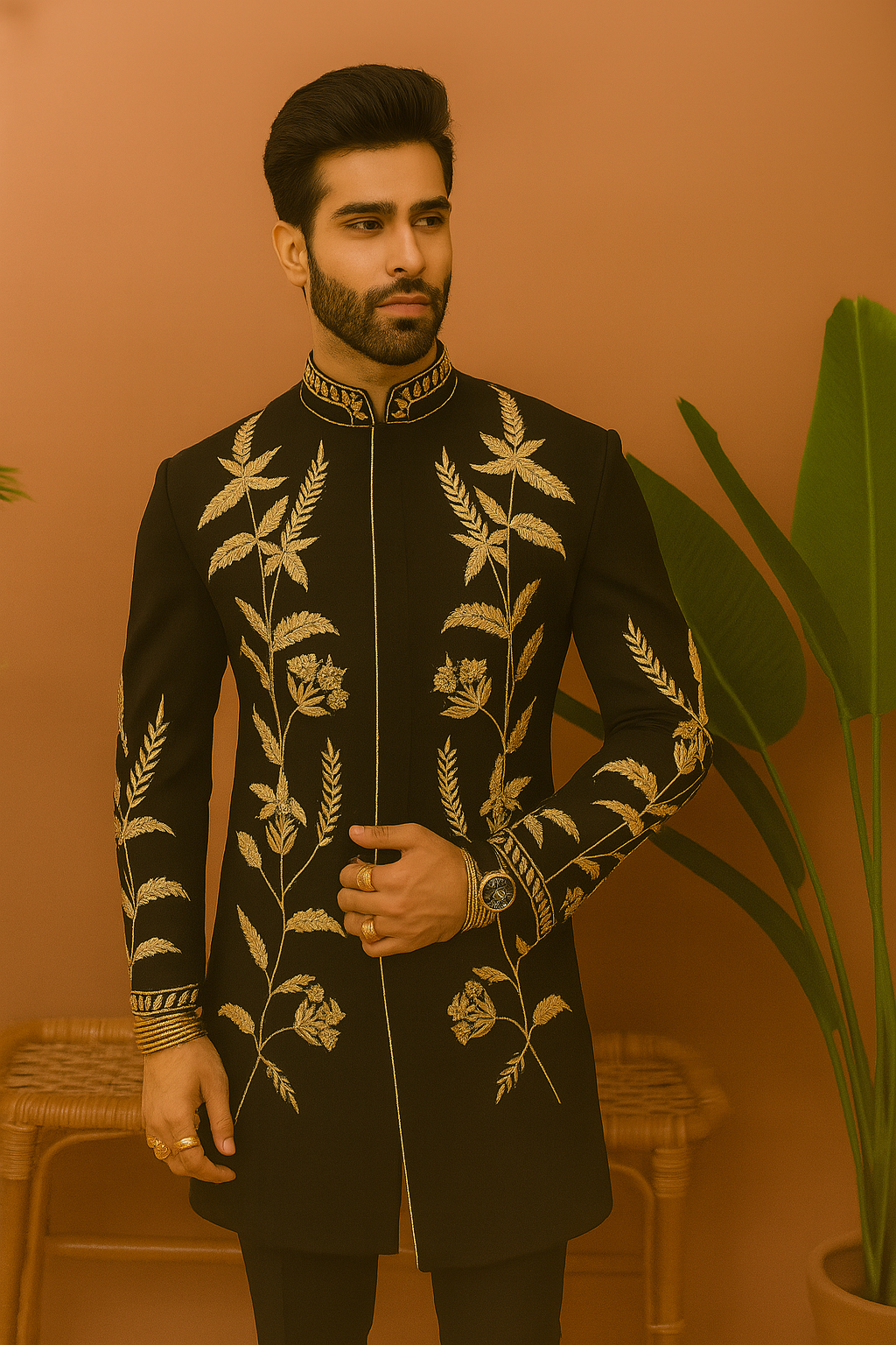 A front view of a man in a black Indo-Western jacket with a stylish gold embellished design on the front, paired with black pants.

