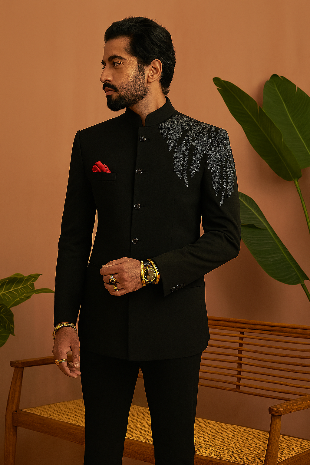 A front view of a man in a black Jodhpuri jacket with intricate handcrafted details on one shoulder, paired with matching pants.

