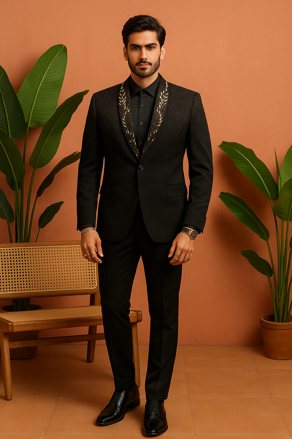 A front view of a man in a black tuxedo suit with a jeweled collar, inspired by Adnan Saikh. He is sitting on a chair, posing elegantly
