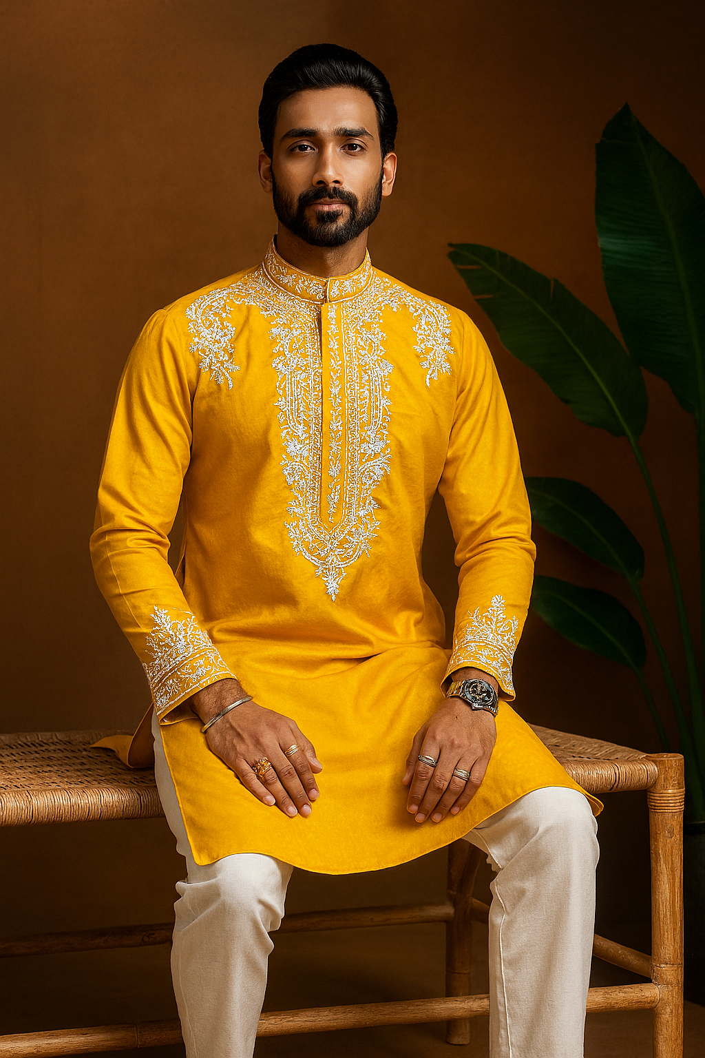 A front view of a man in a vibrant yellow silk kurta with intricate handcrafted bead work on the collar and placket.

