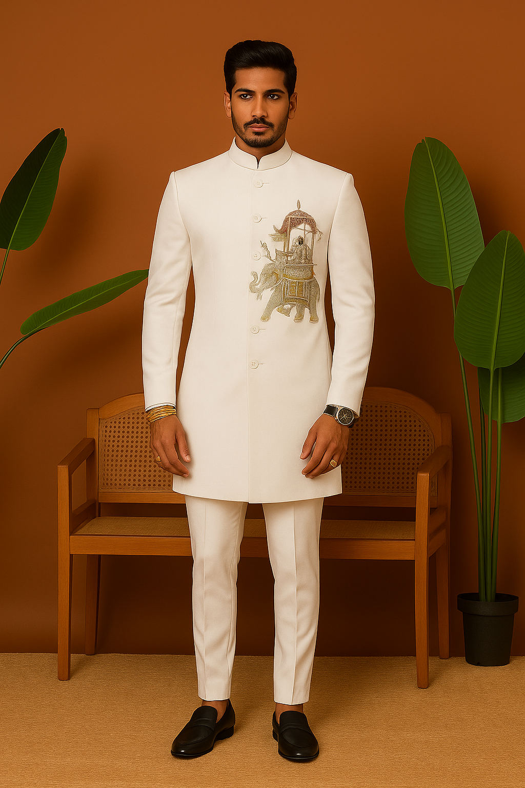 A front view of a man in a white Indo-Western jacket with intricate zardosi embellishments, paired with white pants.

