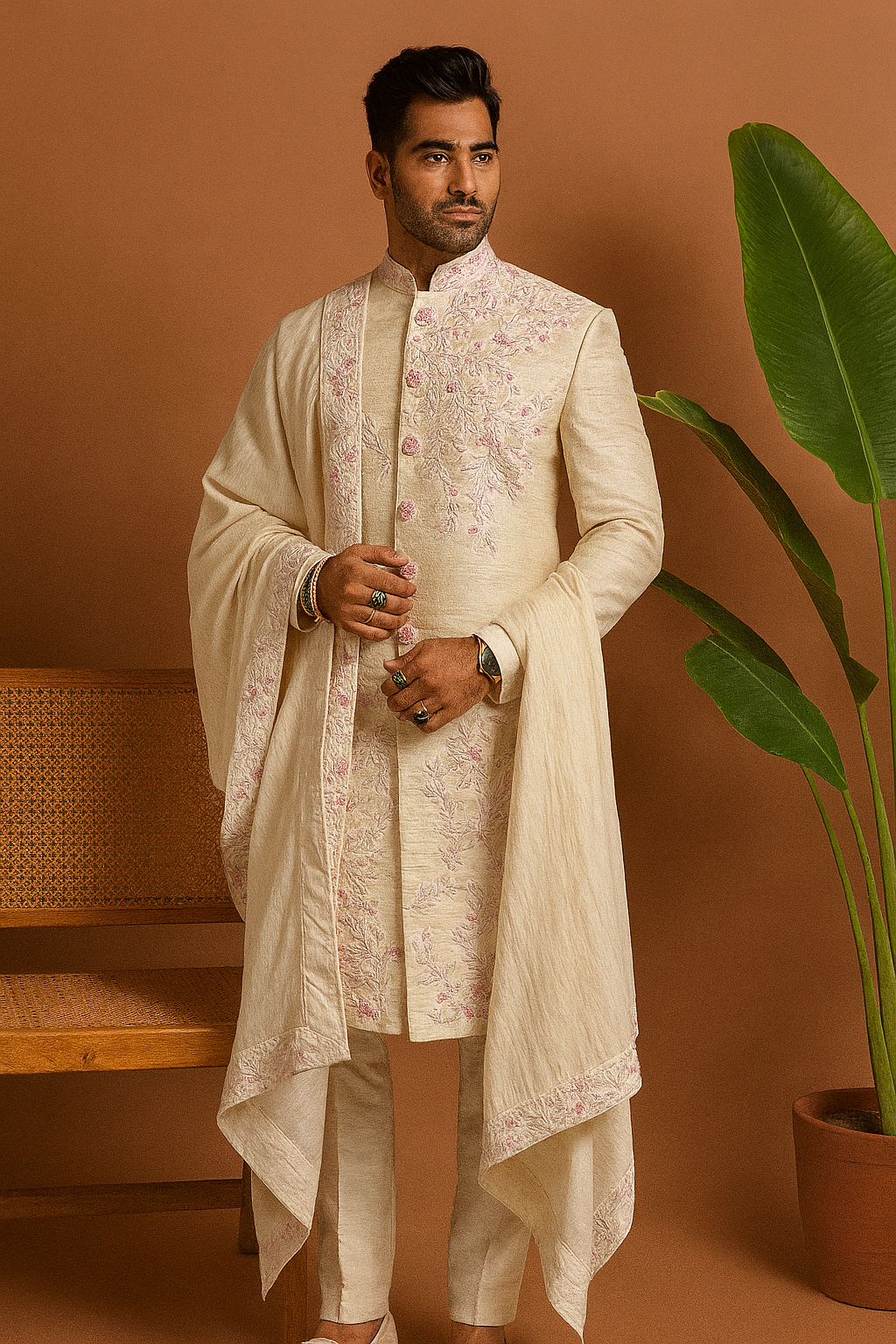 Ivory silk sherwani with handcrafted embellishments – KPH Outfits
