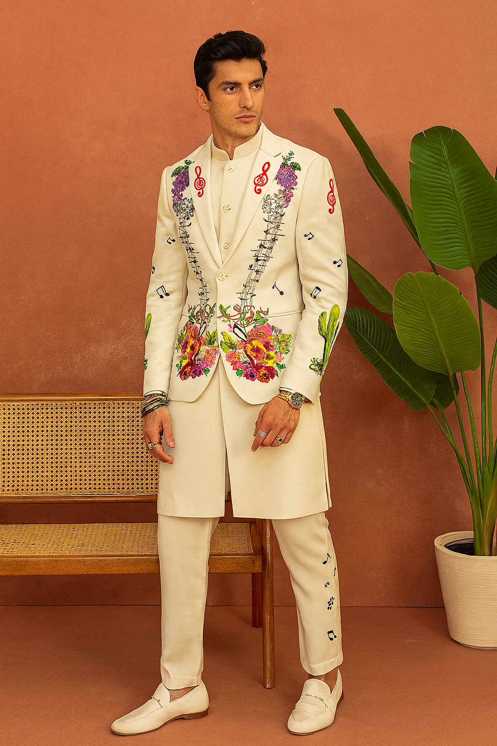 A full-body front view of the man in the hand-painted tuxedo, showing the unique artwork on the blazer and pants.

