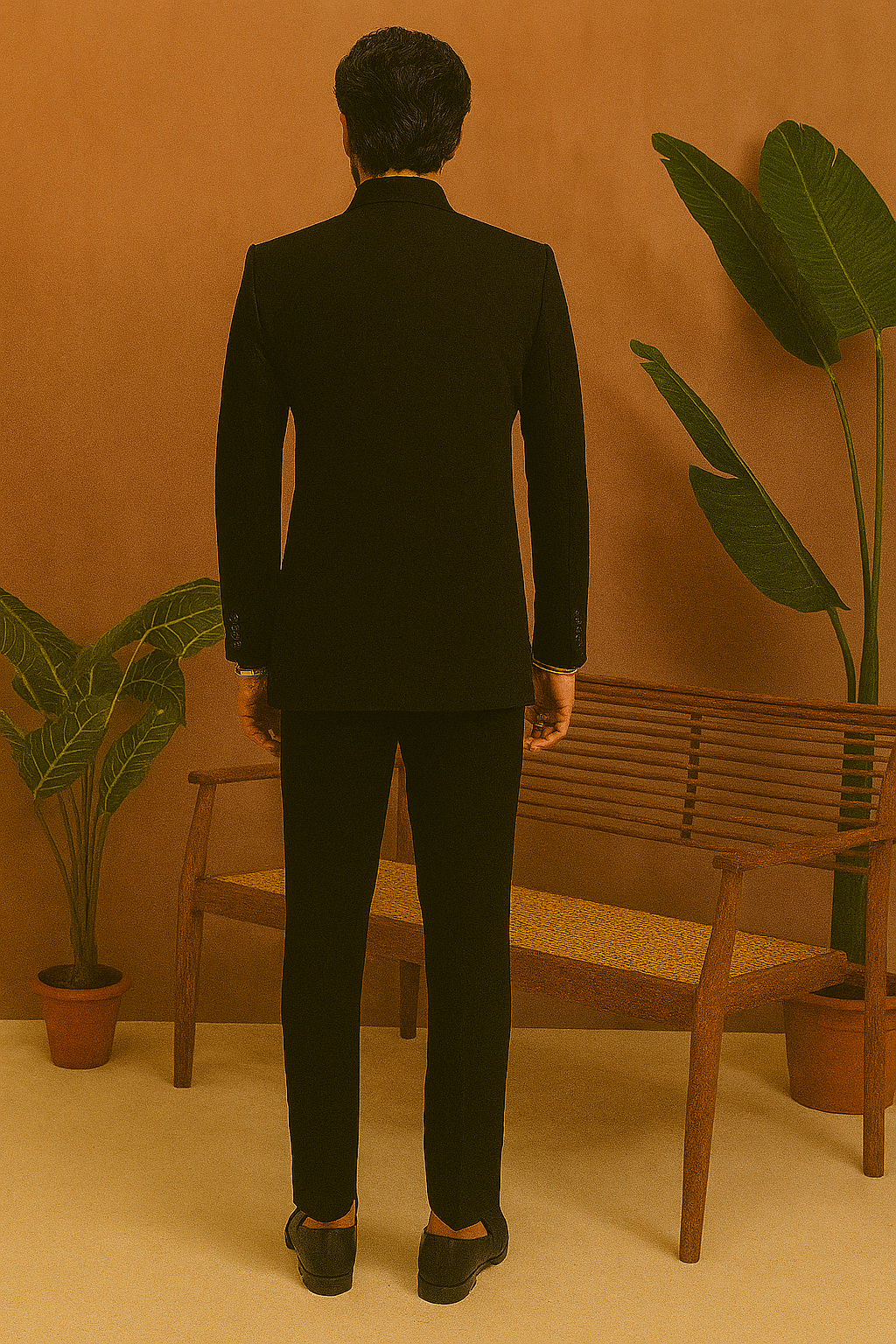 A full-body shot of the man standing in the black designer Jodhpuri suit, with a plant in a pot visible behind him.

