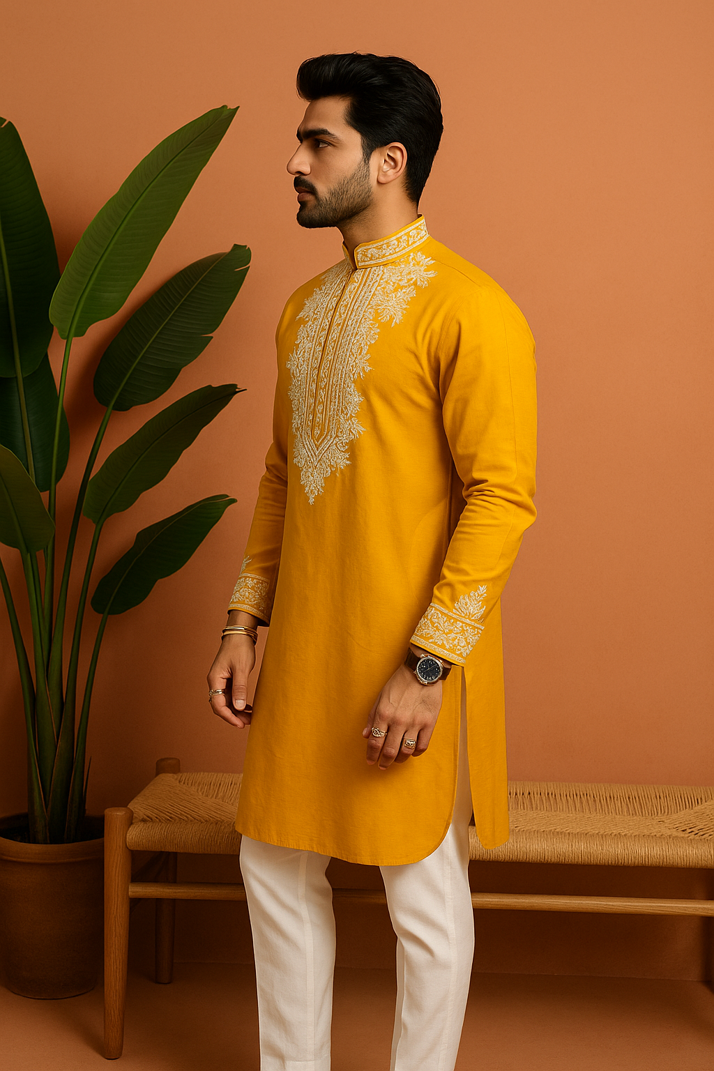 A full-body side profile of the man in the yellow kurta, showing the cut and fit of the garment.

