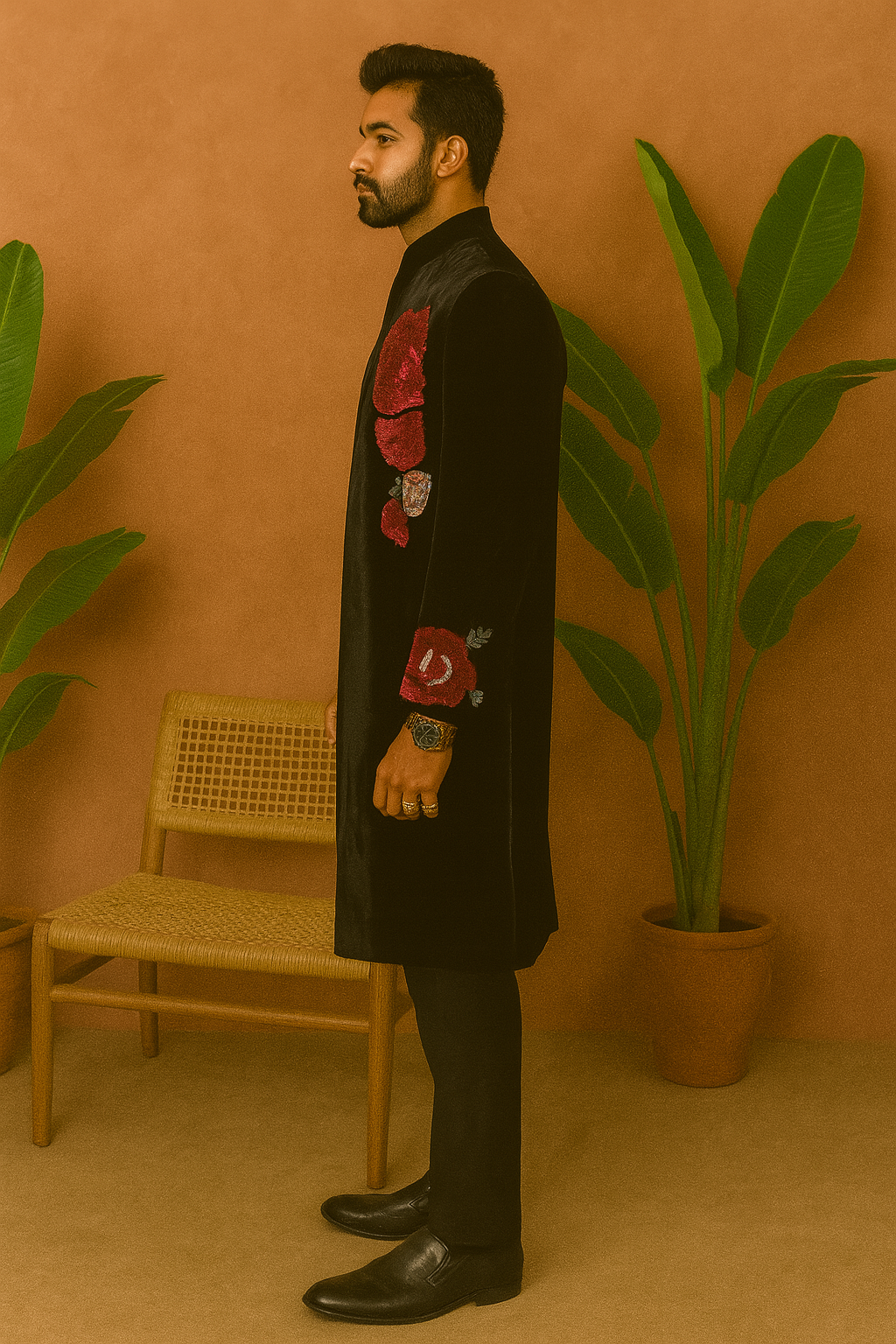 A full-body view of the Indo-Western outfit from a different angle.
