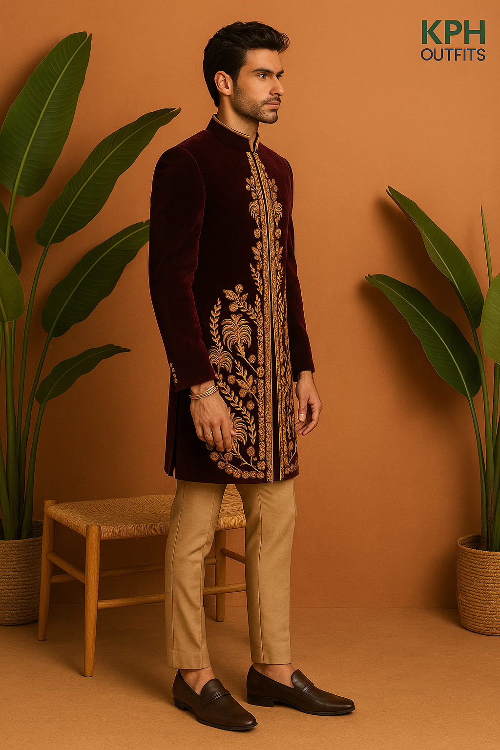 A full-body view of the man showcasing the fit and design of the sherwani set from a side angle