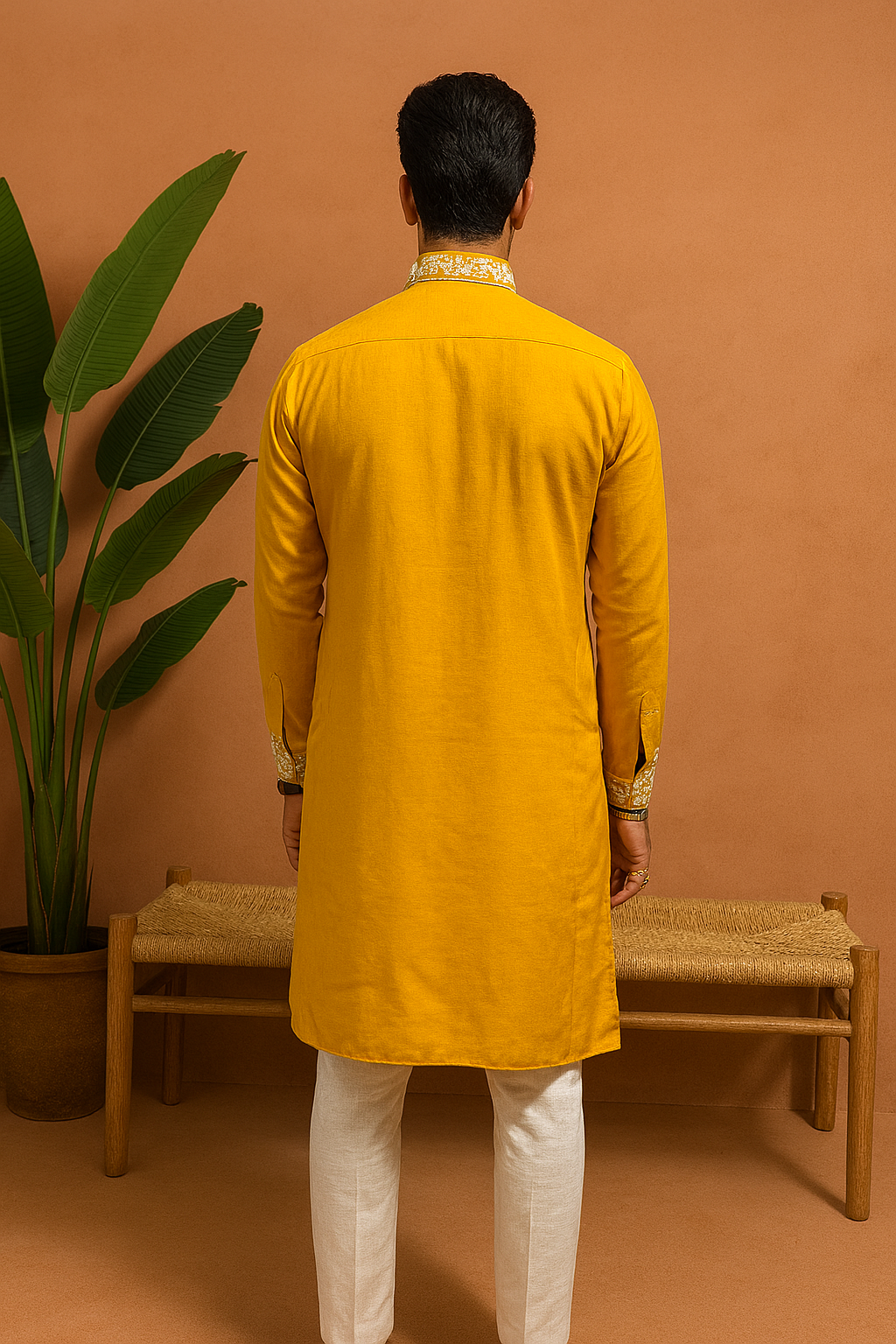 A full-length shot of the man in the kurta set, standing confidently with a plant in a pot visible behind him.

