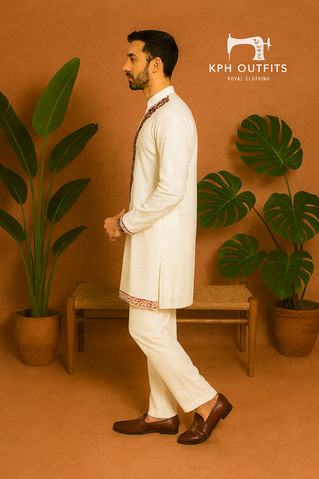 A man in a designer kurta set, embodying a confident and luxurious style.

