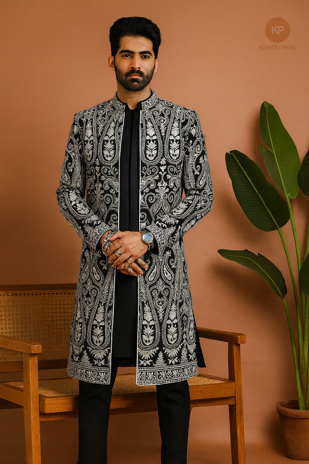 A man in a stylish black and white embellished Indo-Western set with an intricate patterned inside jacket