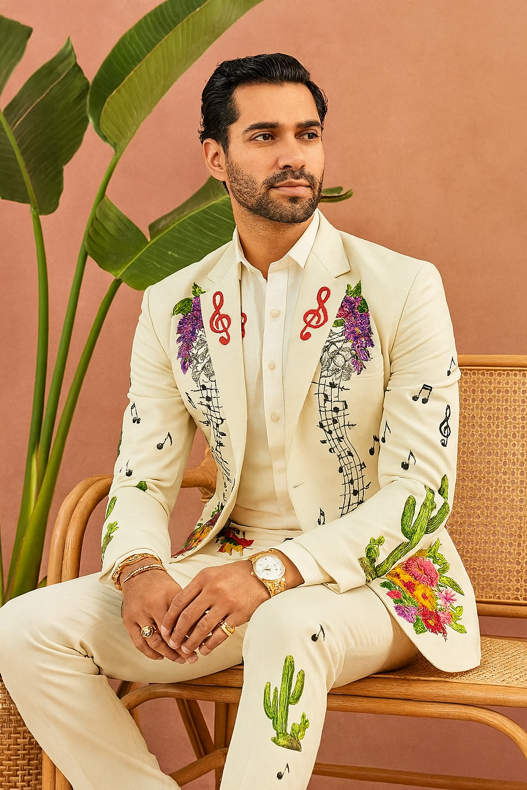 A man in a white, hand-painted tuxedo suit with colorful floral and cactus-like designs. He is sitting on a chair with one arm resting on the side, looking at the camera.

