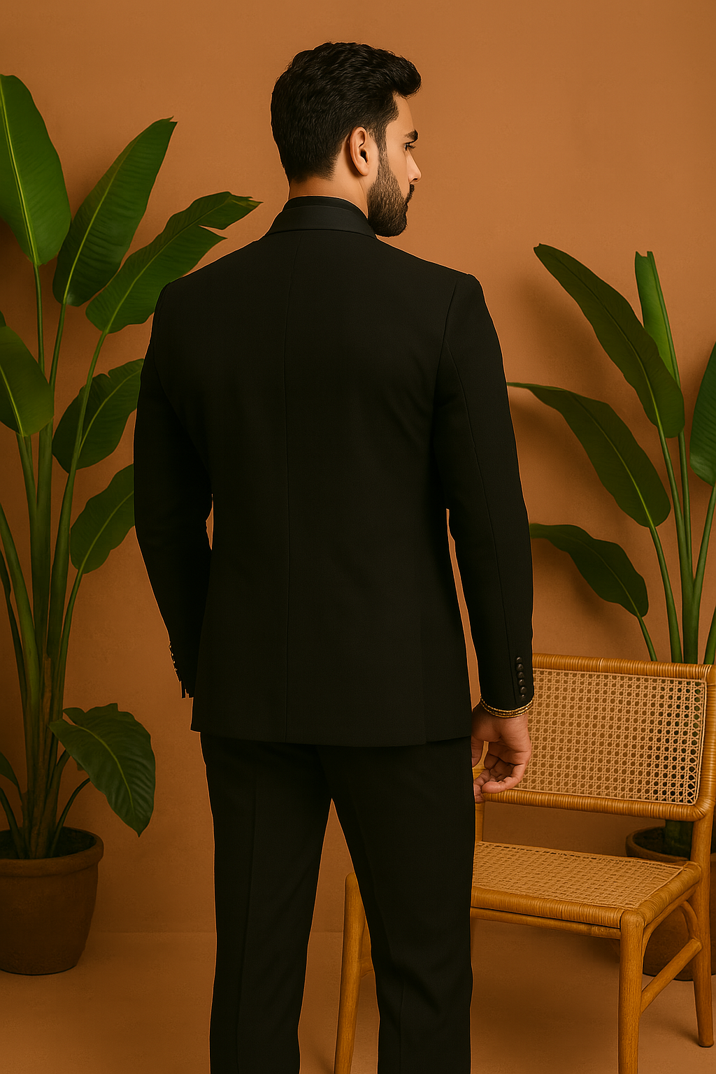 A man sitting in the black tuxedo, showcasing the fit and style from a relaxed position.

