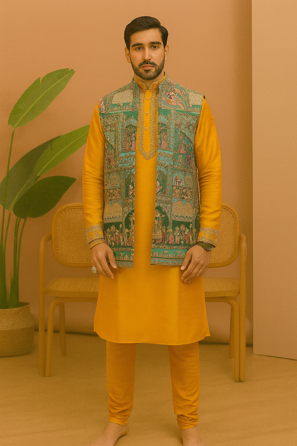 A man wearing a Haldi special kurta set with a vibrant yellow kurta and a multi-colored open koti featuring a traditional design.