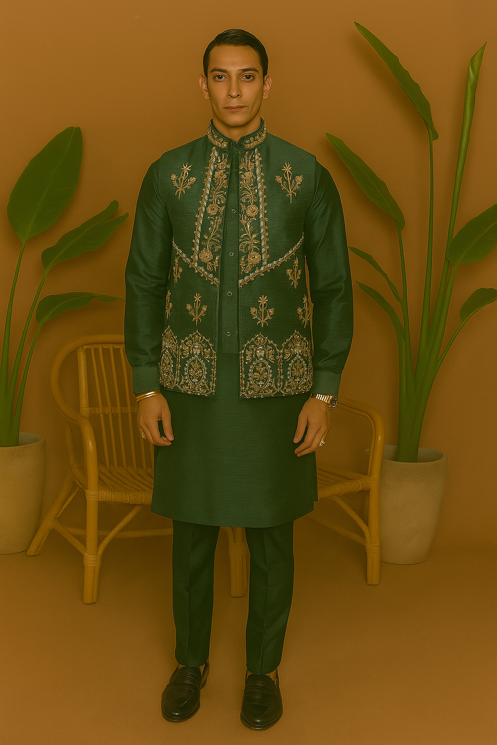 A man wearing a Pakistani-style green kurta set with a Zardosi-embellished Nehru jacket, perfect for a Mehendi ceremony.