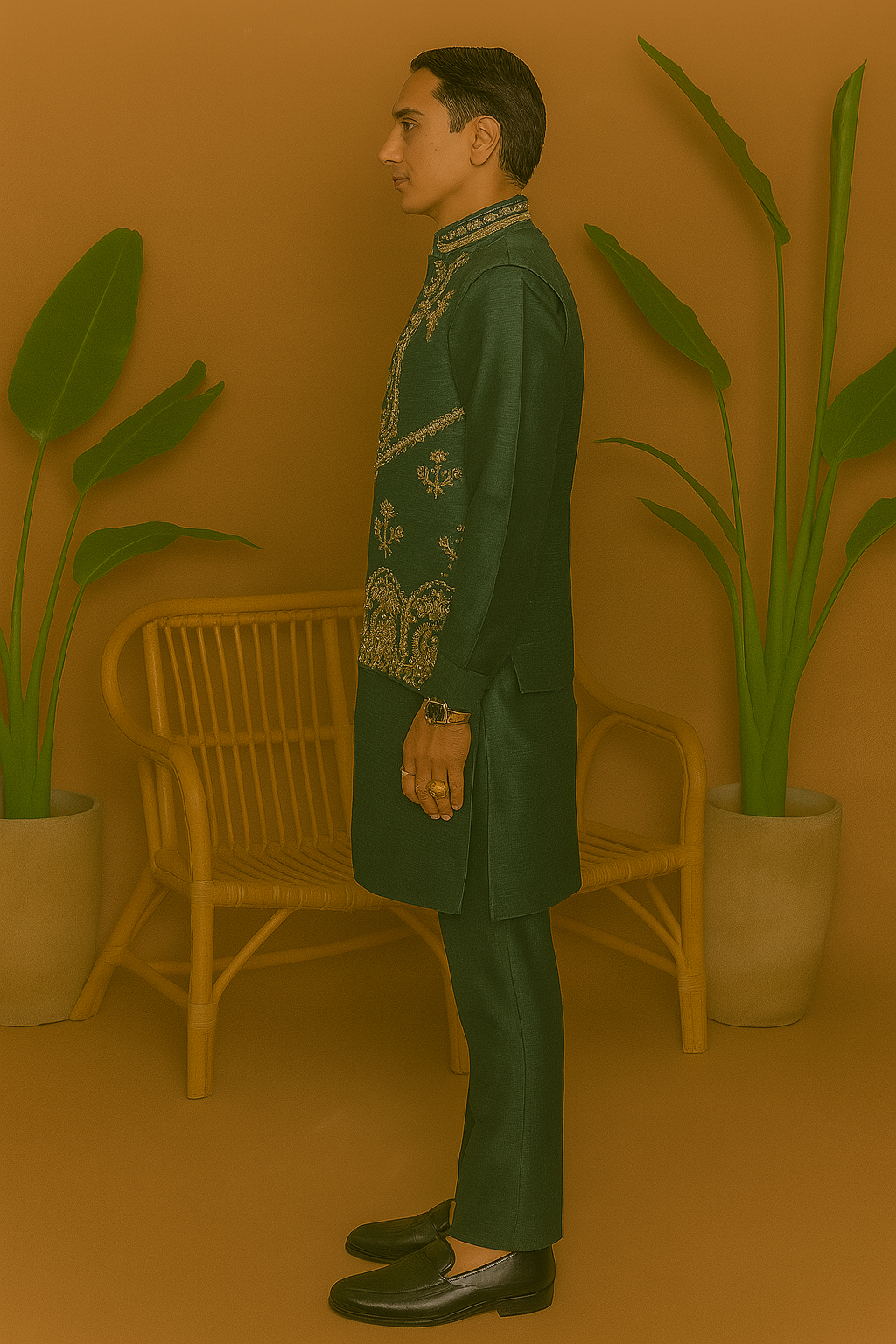 A man wearing a Pakistani-style green kurta set with a Zardosi-embellished Nehru jacket, perfect for a Mehendi ceremony.