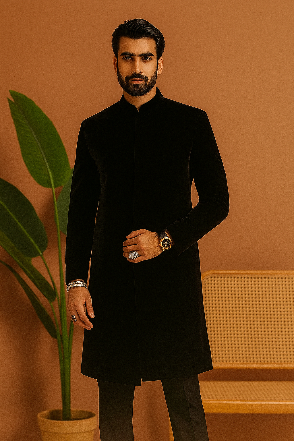 A man wearing a black micro velvet indo-western set with a stylish