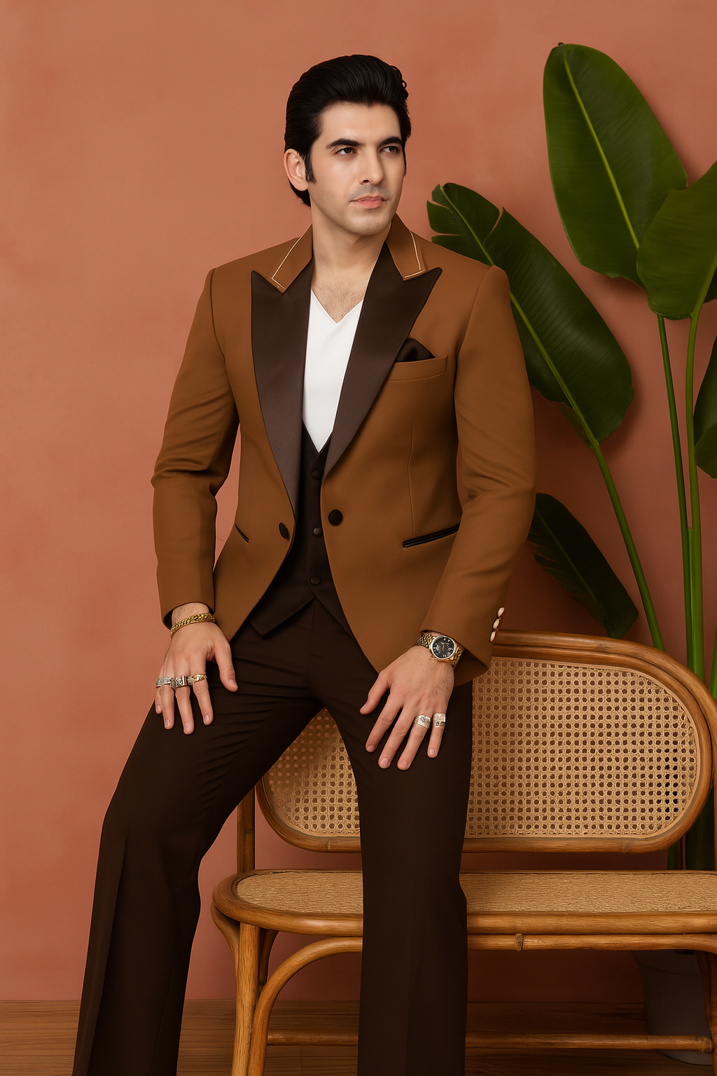 A man wearing a classic dark brown 4-piece formal suit made of suede velvet, standing in a sophisticated setting.