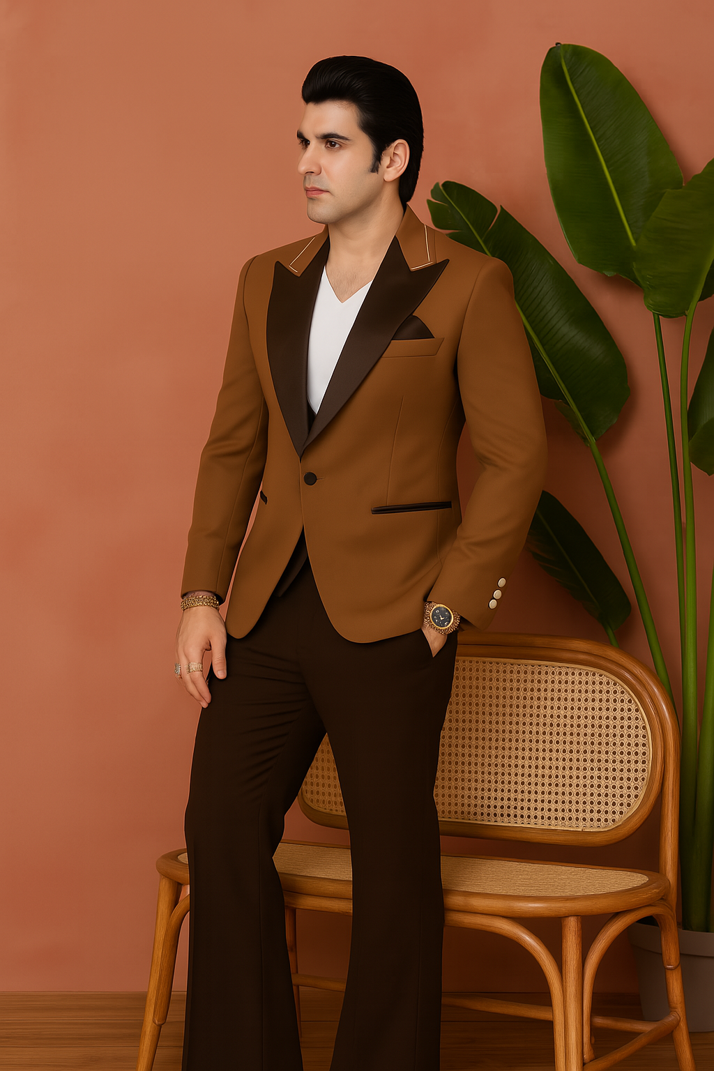 A man wearing a classic dark brown 4-piece formal suit made of suede velvet, standing in a sophisticated setting.