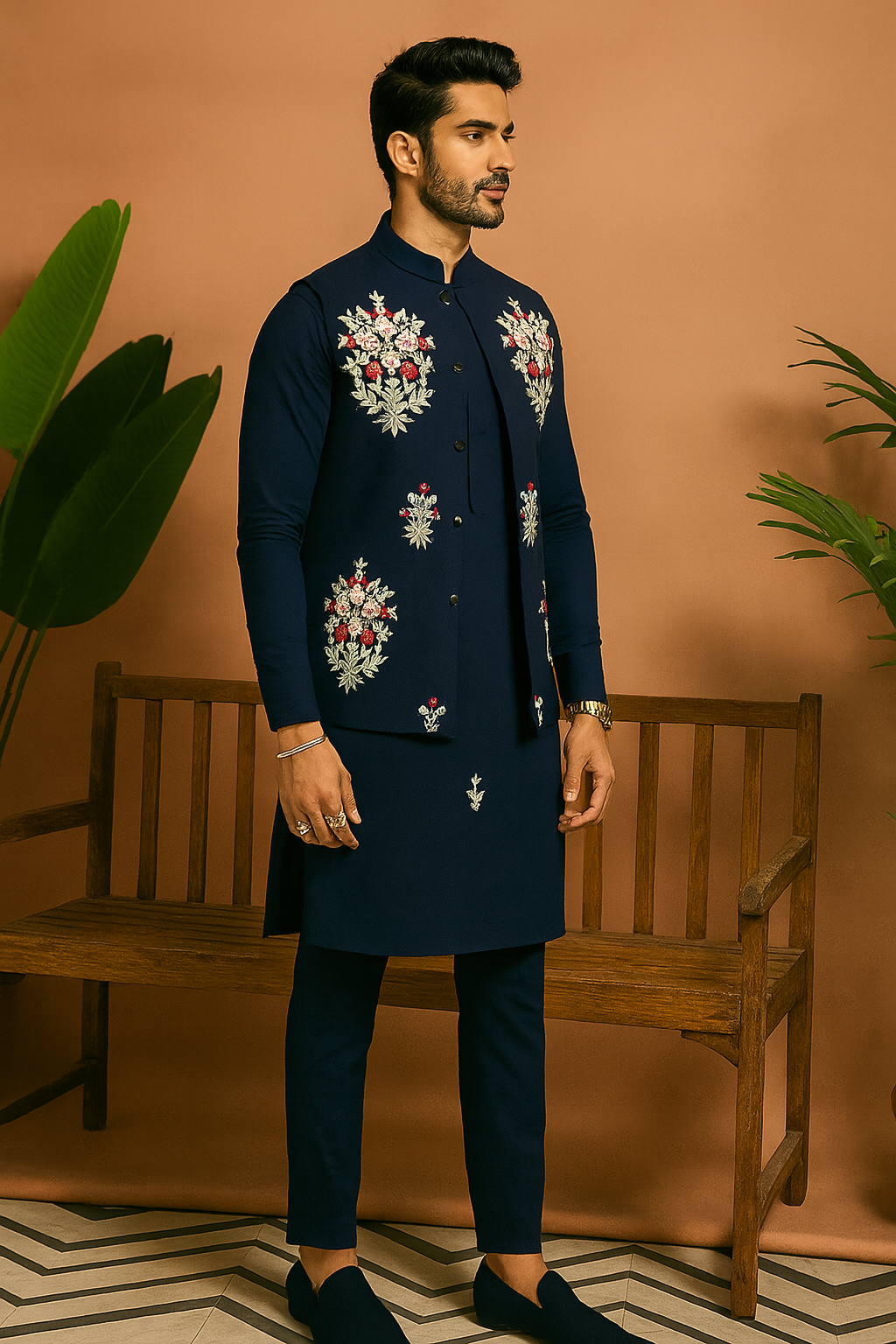 A man wearing an elegant navy blue kurta set with an intricately embellished Nehru jacket, suitable for a Sangeet night.