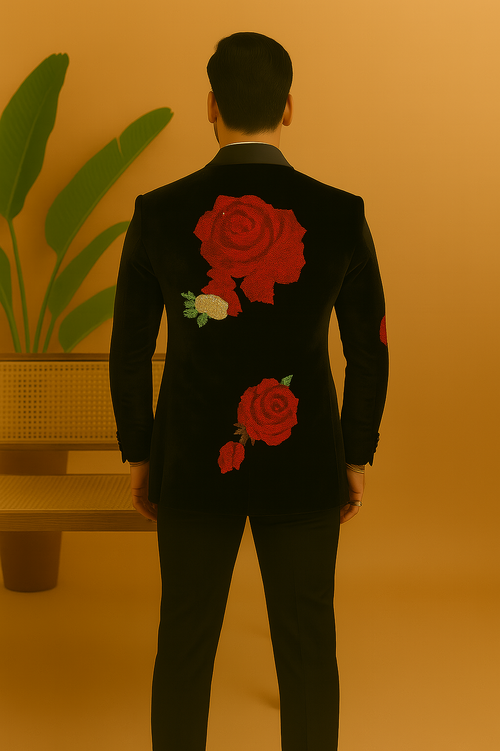 A photograph of a man in a stylish tuxedo, highlighting the quality of the velvet and the unique handcrafting.

