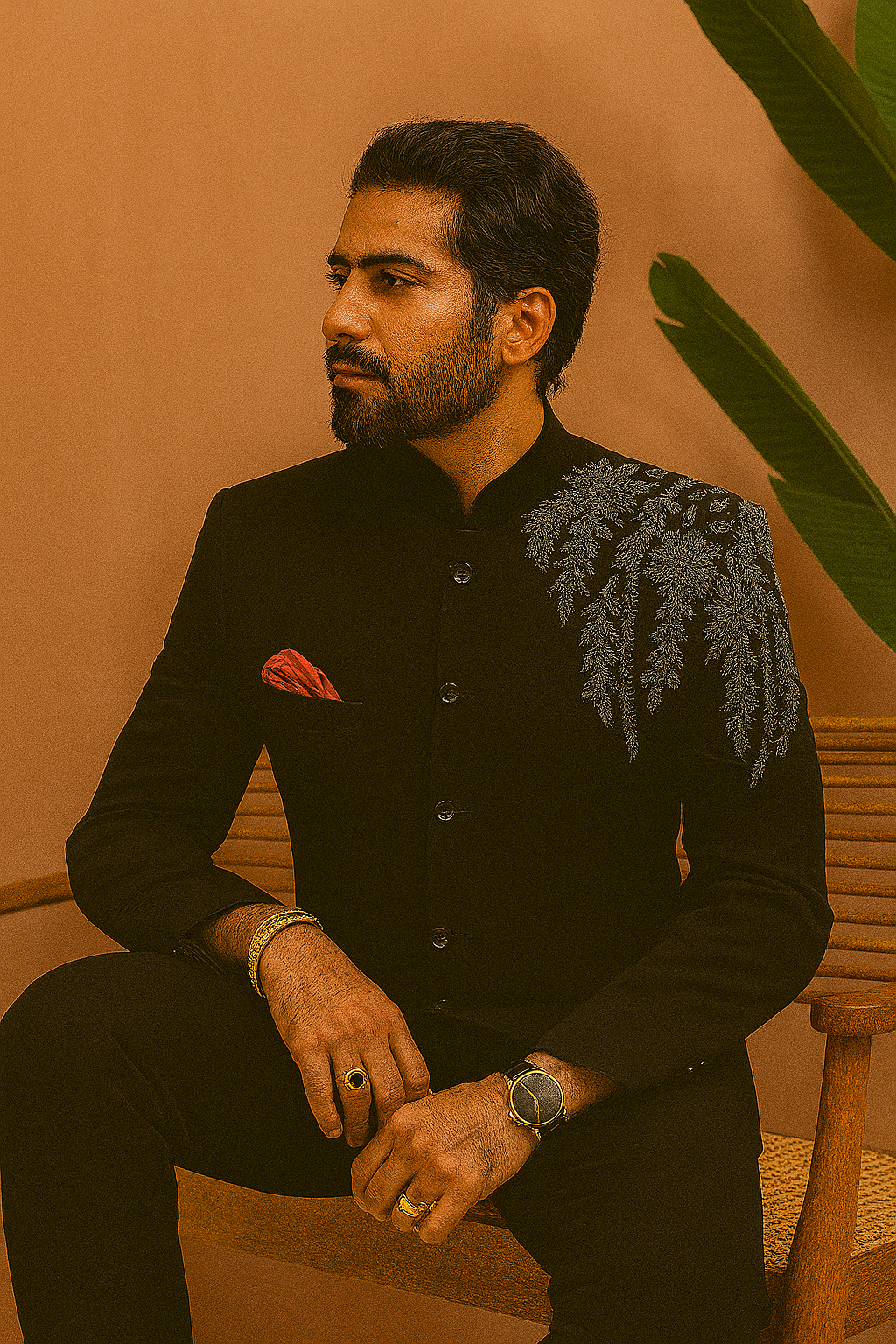 A rear view of the man in the black Jodhpuri set, highlighting the fit and cut of the jacket.

