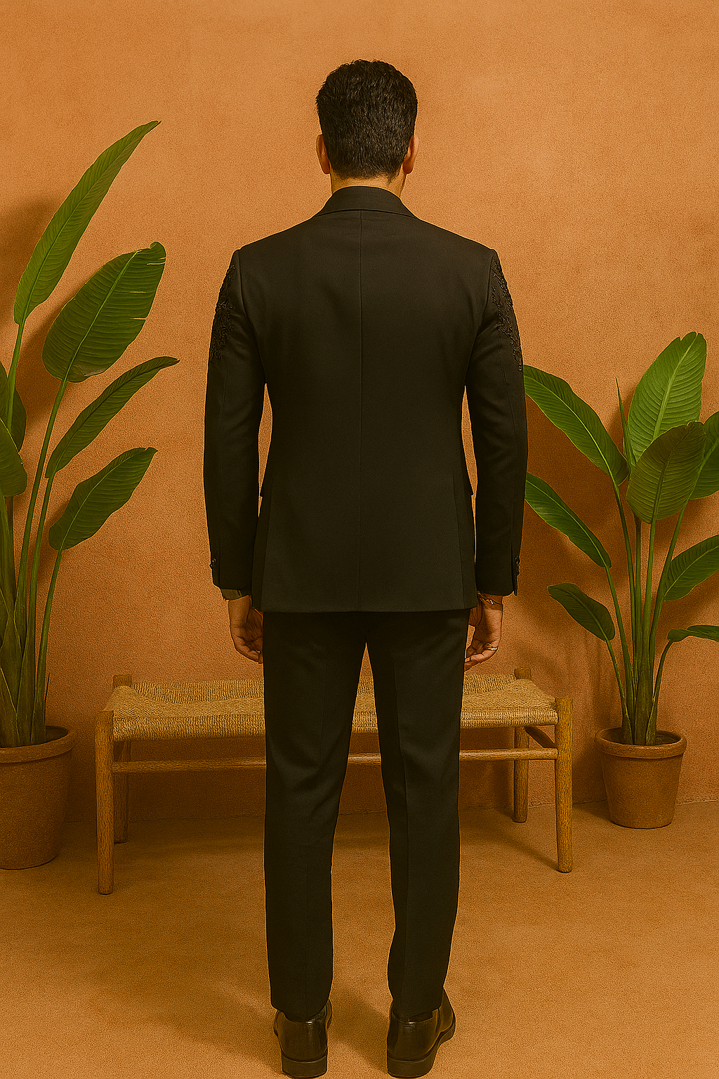 A rear view of the man in the tuxedo, highlighting the clean lines of the suit from the back.

