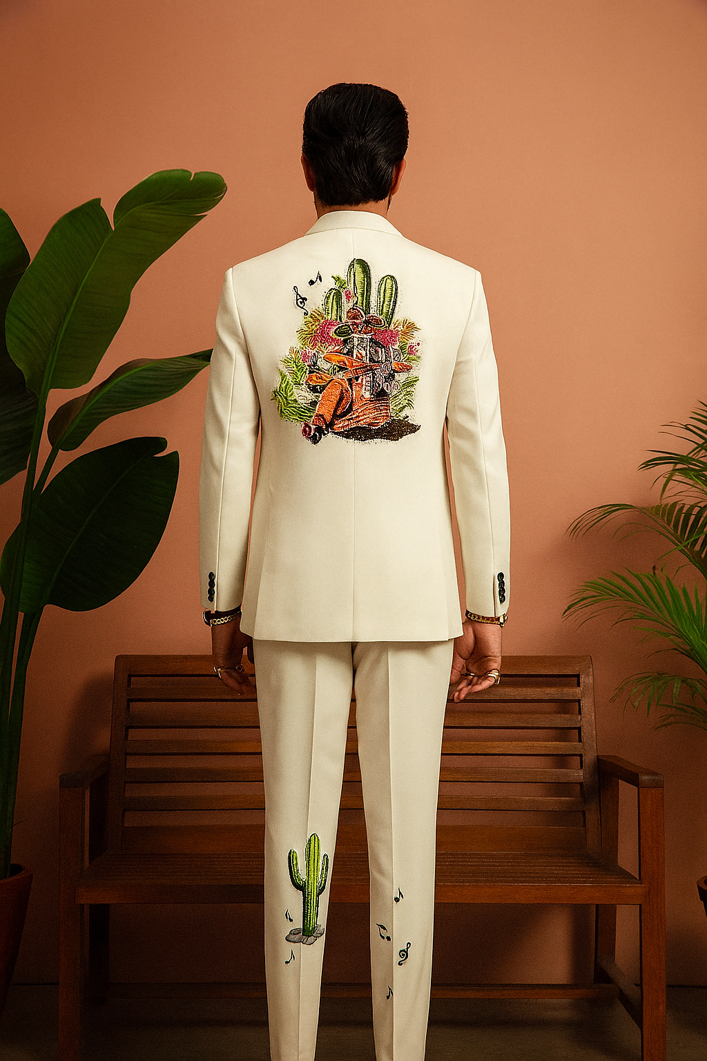 A rear view of the man in the tuxedo, highlighting the intricate hand-painted design on the back of the blazer.

